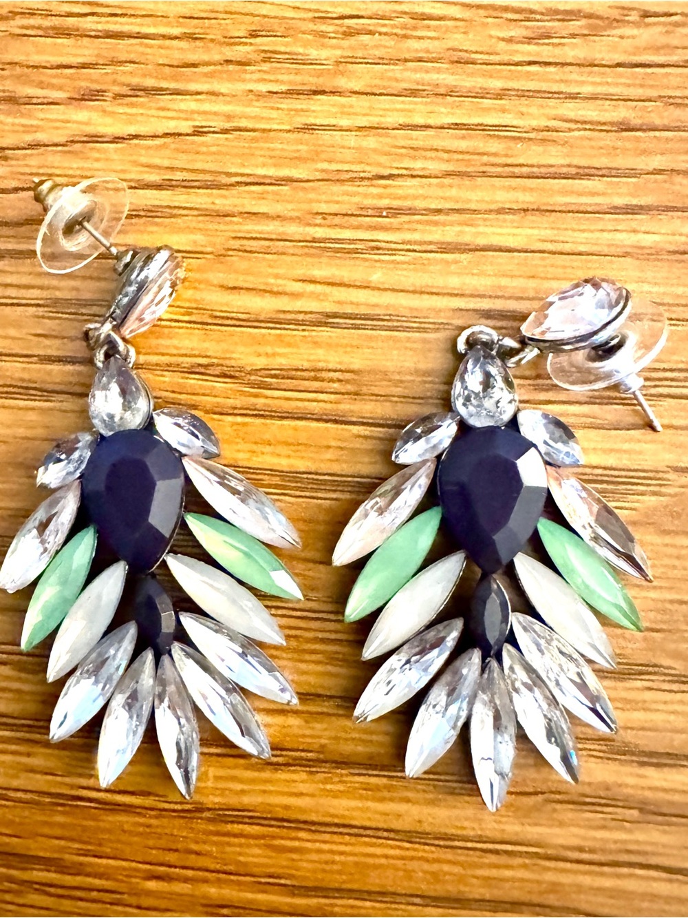 Statement Drop Earrings - Navy, Mint & Clear Crystal